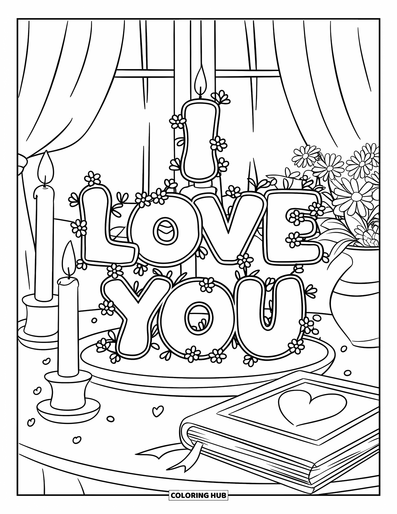 Coloriage Je t'aime pour enfants : Un cœur avec « Je t'aime » à côté de bougies, d'un livre et d'un vase de fleurs
