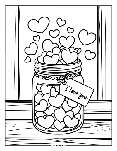 I Love You Coloring Page for Kids: A mason jar filled with hearts and a tag that reads "I Love You"