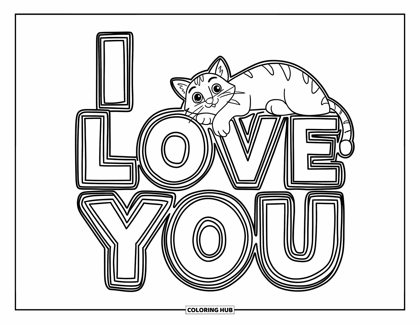 Coloriage Je t'aime pour enfants : Un chat joueur est assis sur la lettre « U » dans un design audacieux « Je t'aime »
