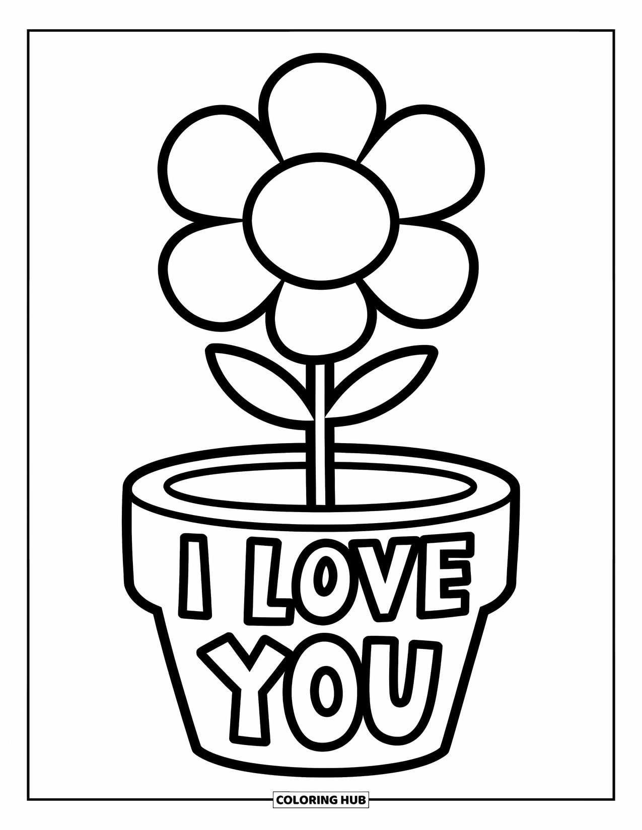 Coloriage Je t'aime pour enfants : Une fleur en pot avec « Je t'aime » écrit sur le devant