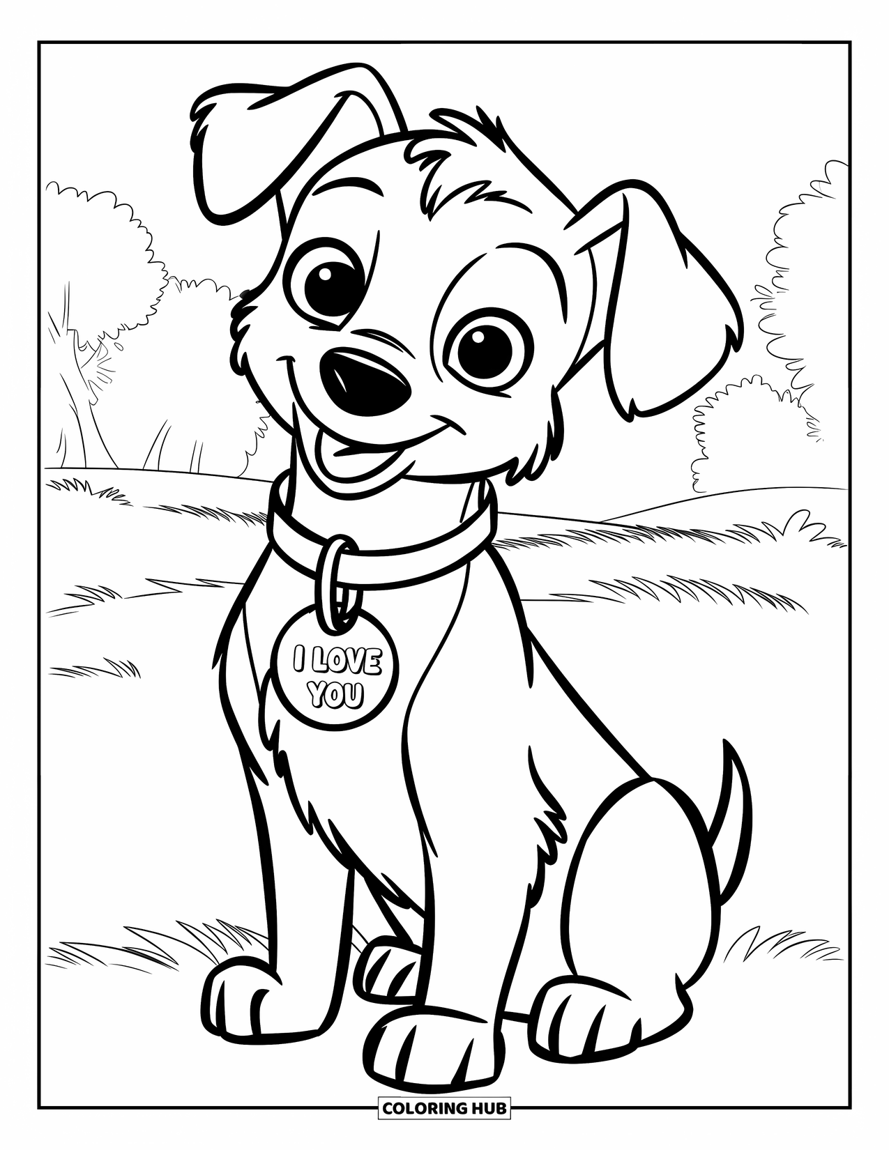 Coloriage Je t'aime pour enfants : Un chiot avec une étiquette en forme de cœur qui dit « Je t'aime » est assis sur l'herbe