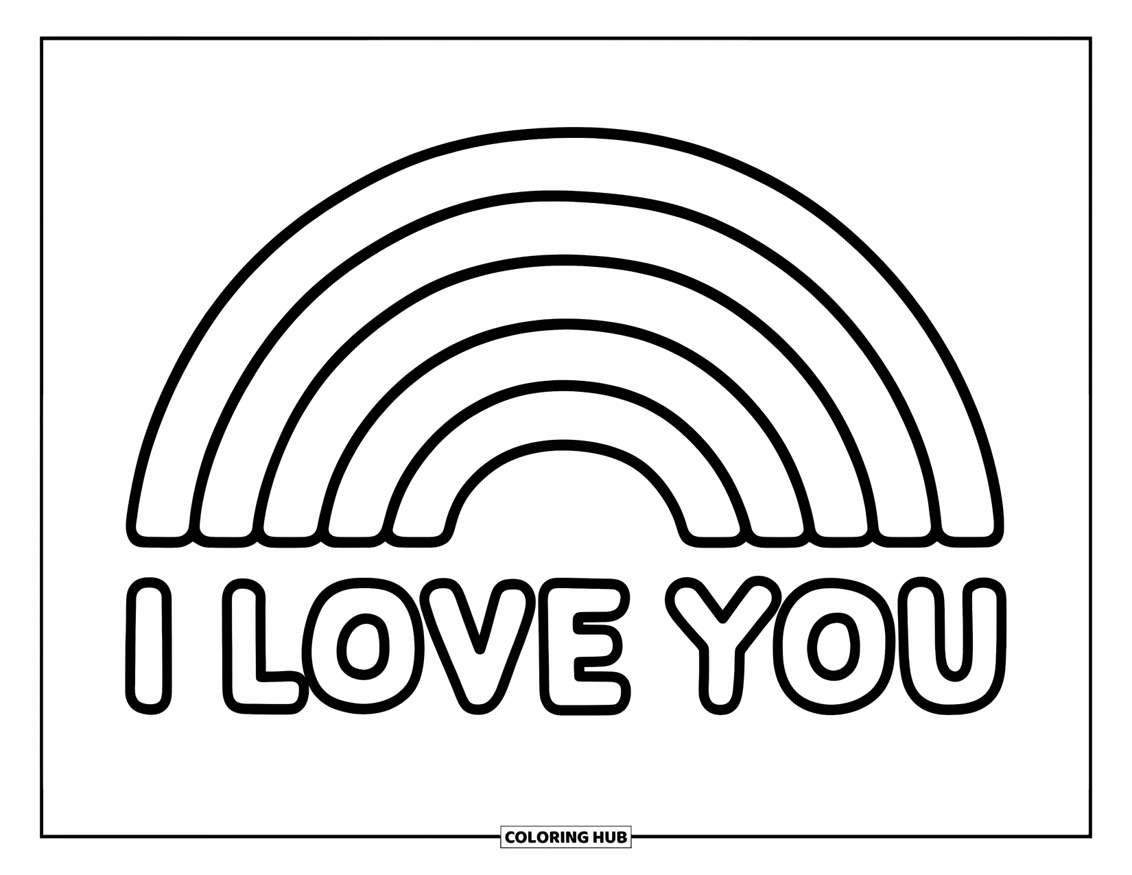 Coloriage Je t'aime pour enfants : Un arc-en-ciel s'étend au-dessus d'un texte ludique « Je t'aime » dans un style joyeux