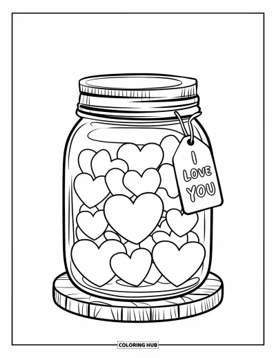 I Love You Coloring Page for Kids: A screw-top jar full of hearts with a tag that says "I Love You"