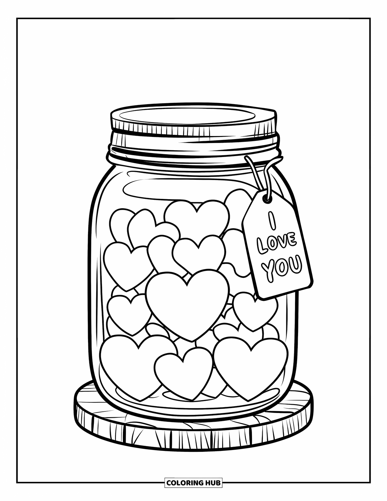 Coloriage Je t'aime pour enfants : Un bocal à vis rempli de cœurs avec une étiquette qui dit « Je t'aime »