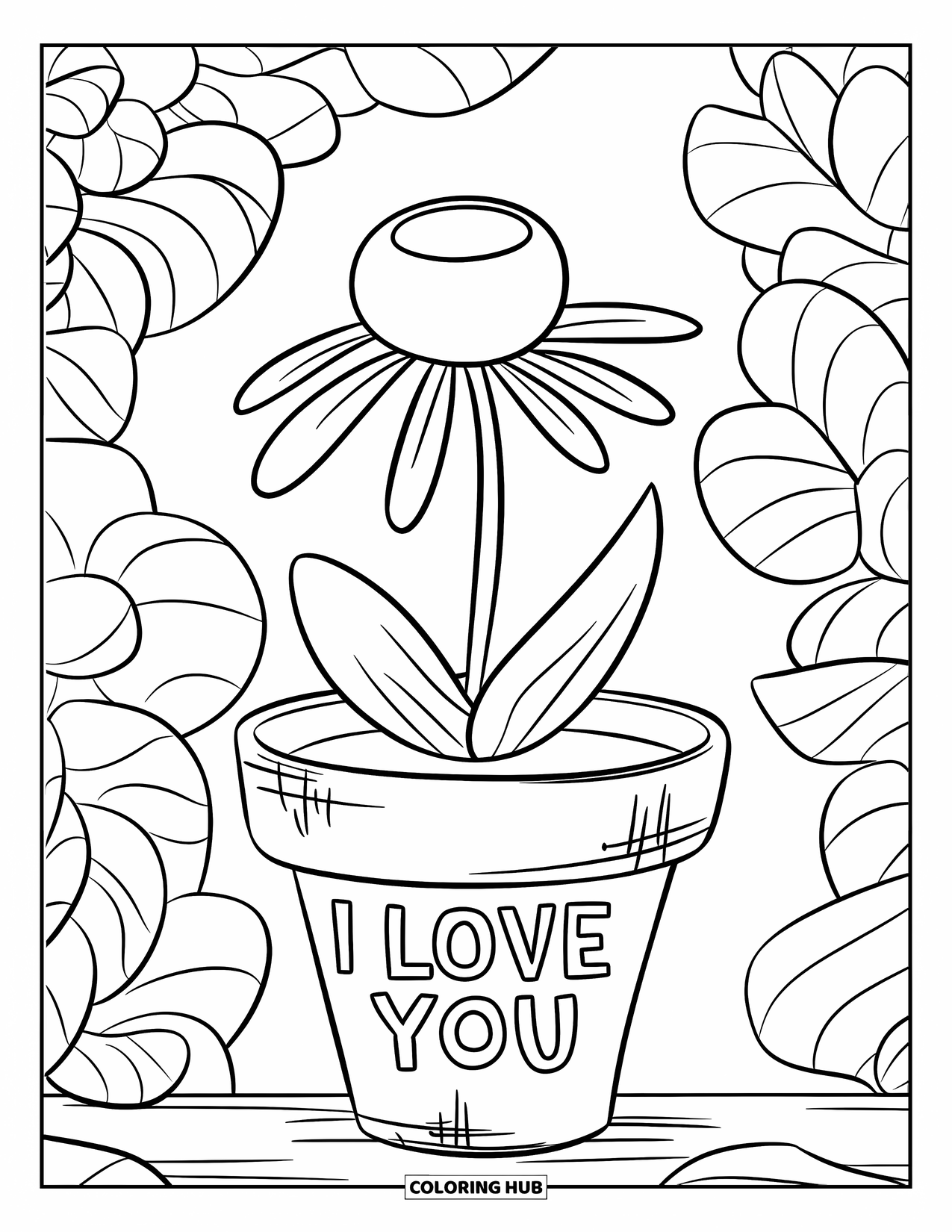 Coloriage Je t'aime pour enfants : Une seule fleur dans un pot dit « Je t'aime » dans des lettres amusantes et incurvées