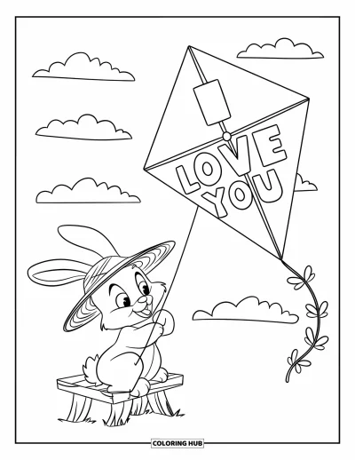 I Love You Coloring Page for Kids: A straw hat bunny sits on a stand flying a kite that says "I Love You"