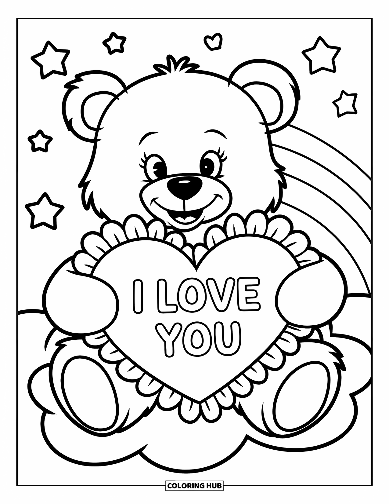 Coloriage Je t'aime pour enfants : Un ours en peluche sur un nuage tient un cœur qui dit « Je t'aime »