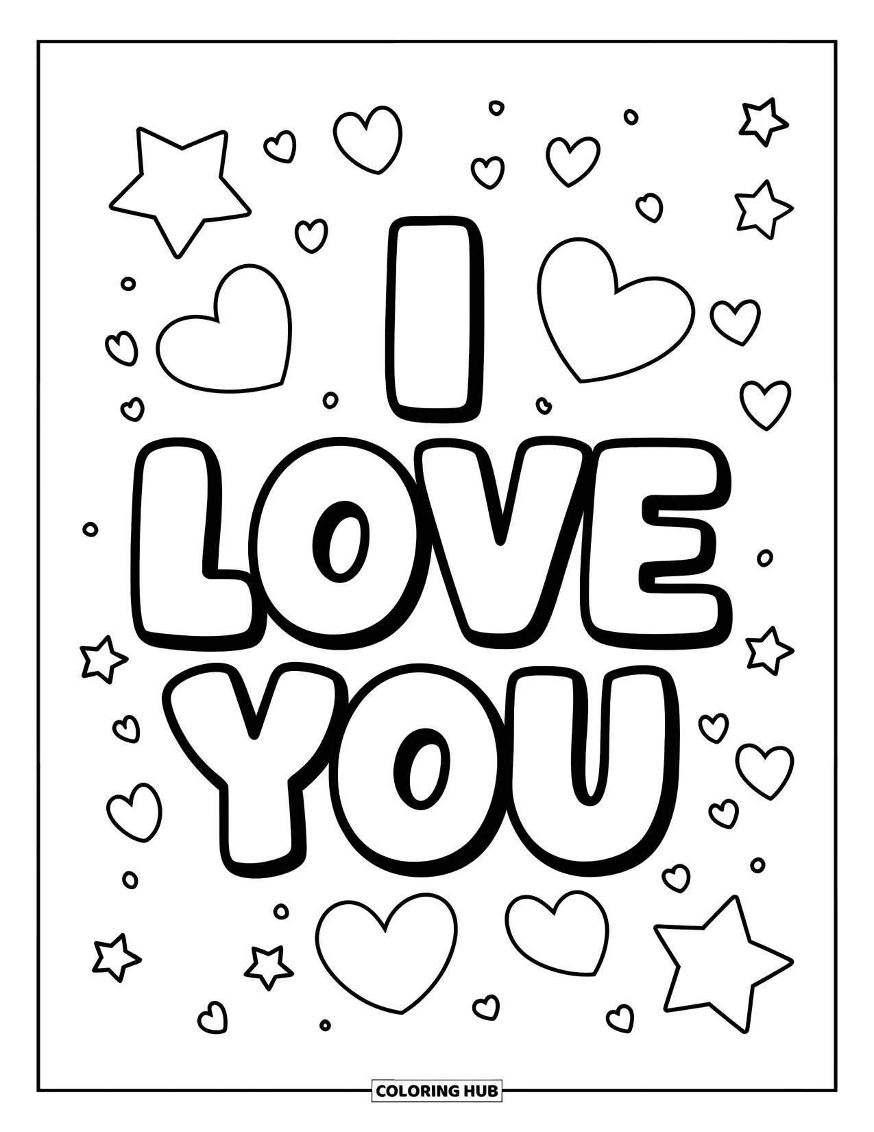 Coloriage Je t'aime pour enfants : De grosses lettres bulles disent « Je t'aime » avec des étoiles et des cœurs tout autour