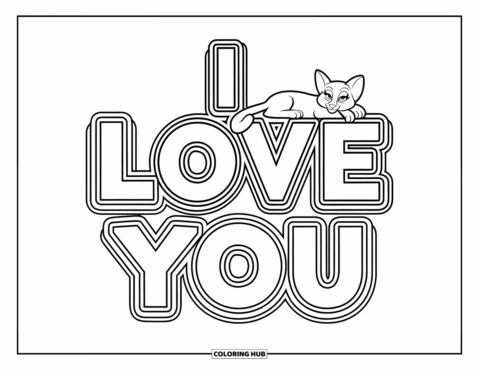 Coloriage Je t'aime pour enfants : Lettres carrées « Je t'aime » avec un chat allongé sur le dessus