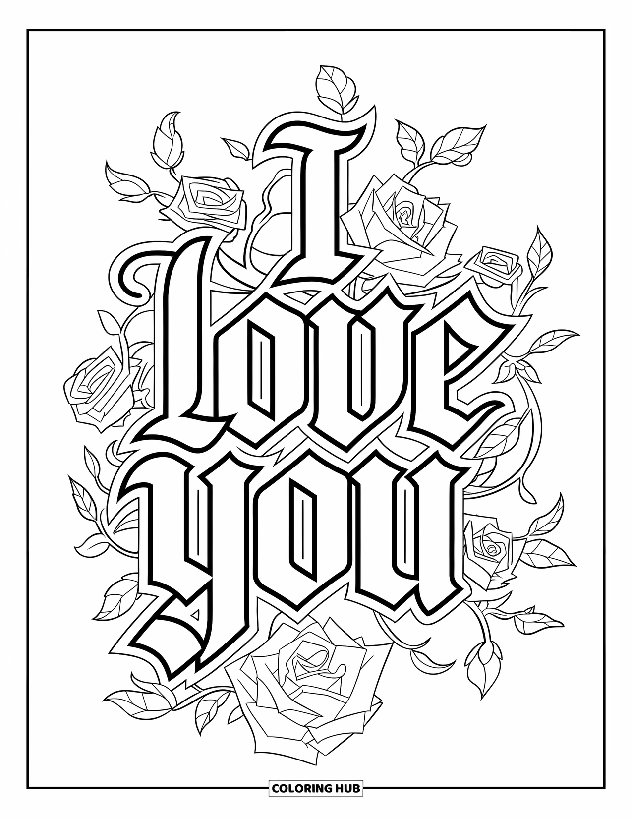 Coloriage Je t'aime pour enfants : « Je t'aime » de style gothique enveloppé de roses et de vignes sinueuses