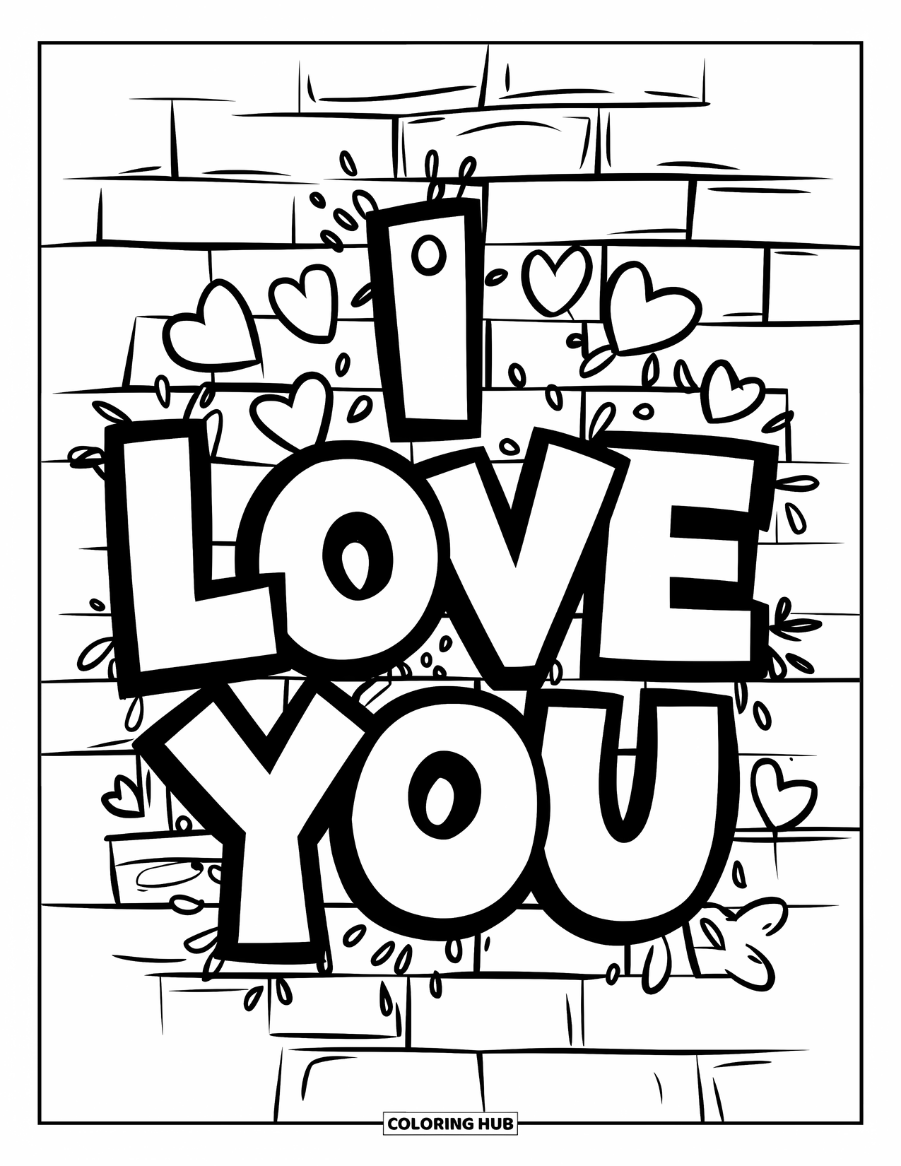 Coloriage Je t'aime pour enfants : Graffiti disant « Je t'aime » avec des éclaboussures de cœur et d'étoile sur un mur