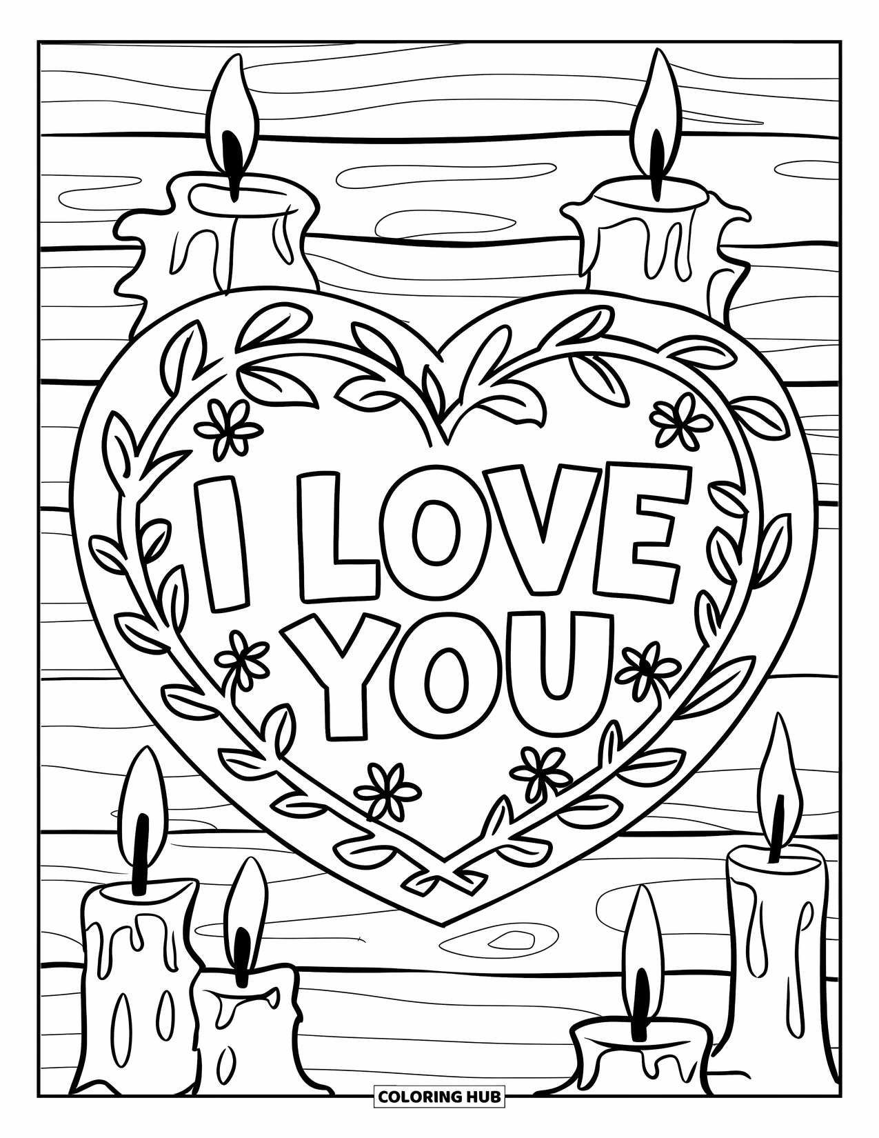 I Love You Coloring Page for Kids: "I Love You" heart wrapped in vines and flowers on a rustic wooden base