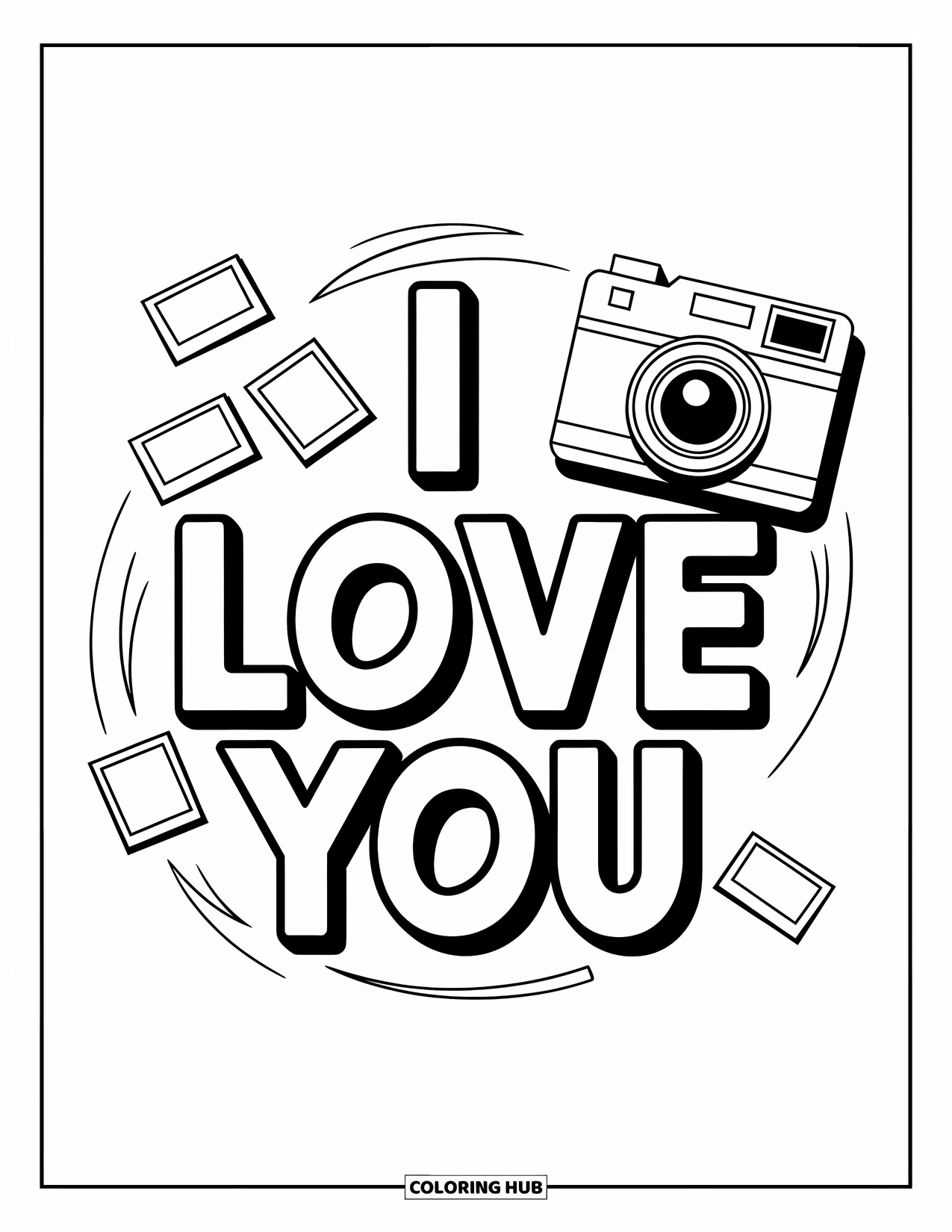 Coloriage Je t'aime pour enfants : « Je t'aime » dans une police amusante à côté d'un appareil photo et de bandes de photos