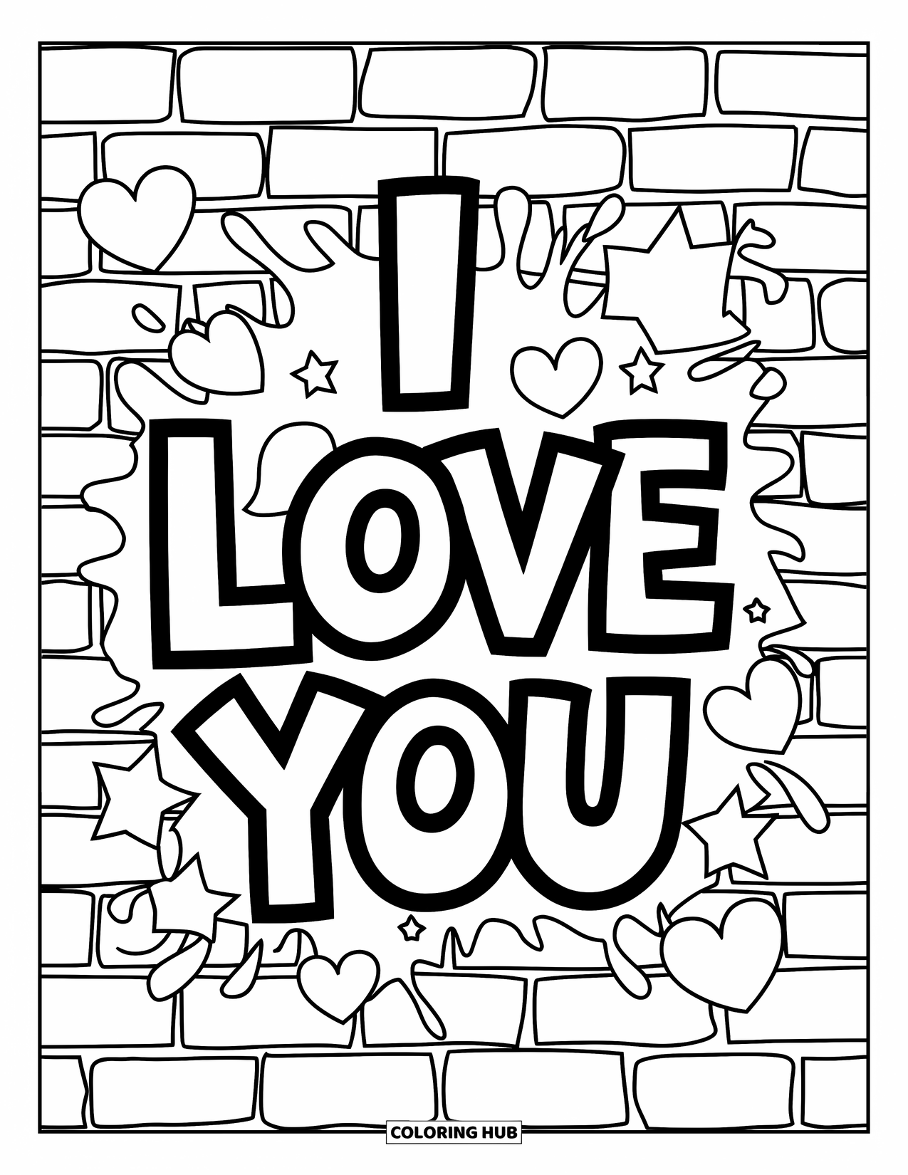 Coloriage Je t'aime pour enfants : « Je t'aime » peint à la bombe avec des cœurs et des étoiles sur un mur fissuré