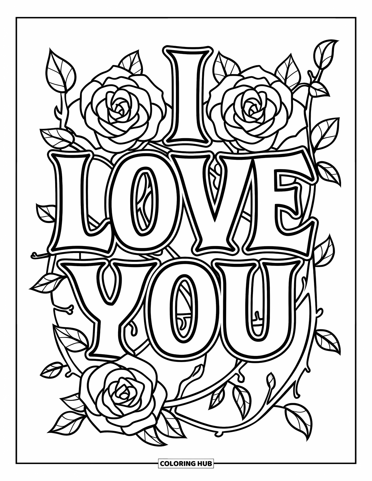 Coloriage Je t'aime pour enfants : « Je t'aime » entouré de roses épineuses et de vignes dans un style gothique