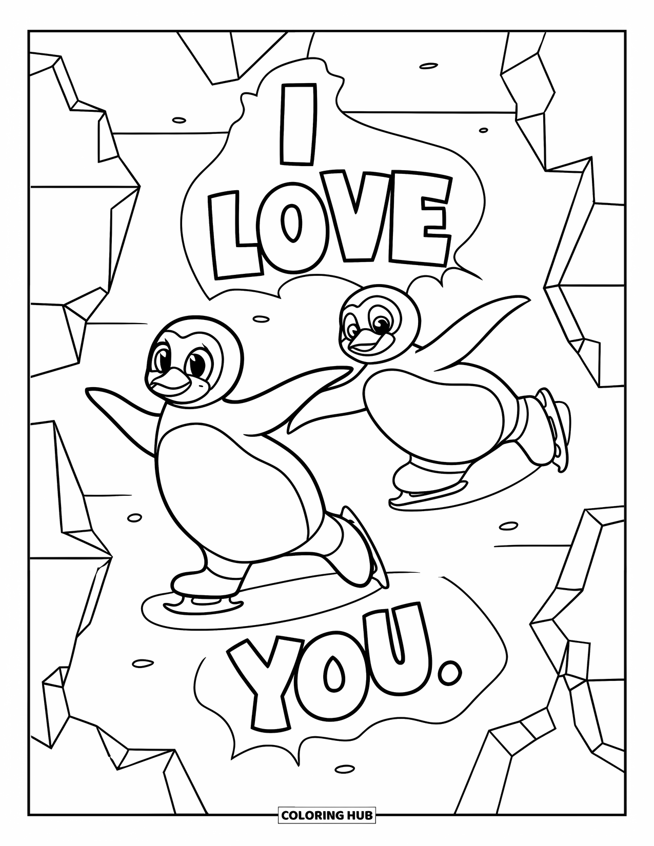 I Love You Coloring Page for Kids: Penguins skate around the words "I Love You" among simple icy patterns