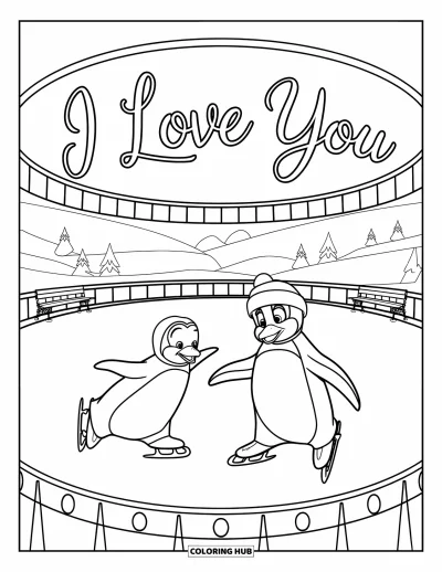 I Love You Coloring Page for Kids: Penguins skate inside a round building under a cursive "I Love You"