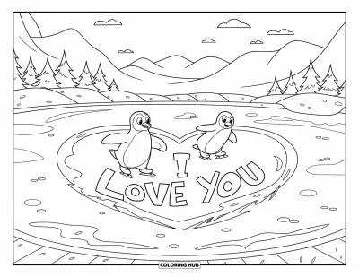 I Love You Coloring Page for Kids: Penguins skate on a snowy pond with "I Love You" in a heart shape