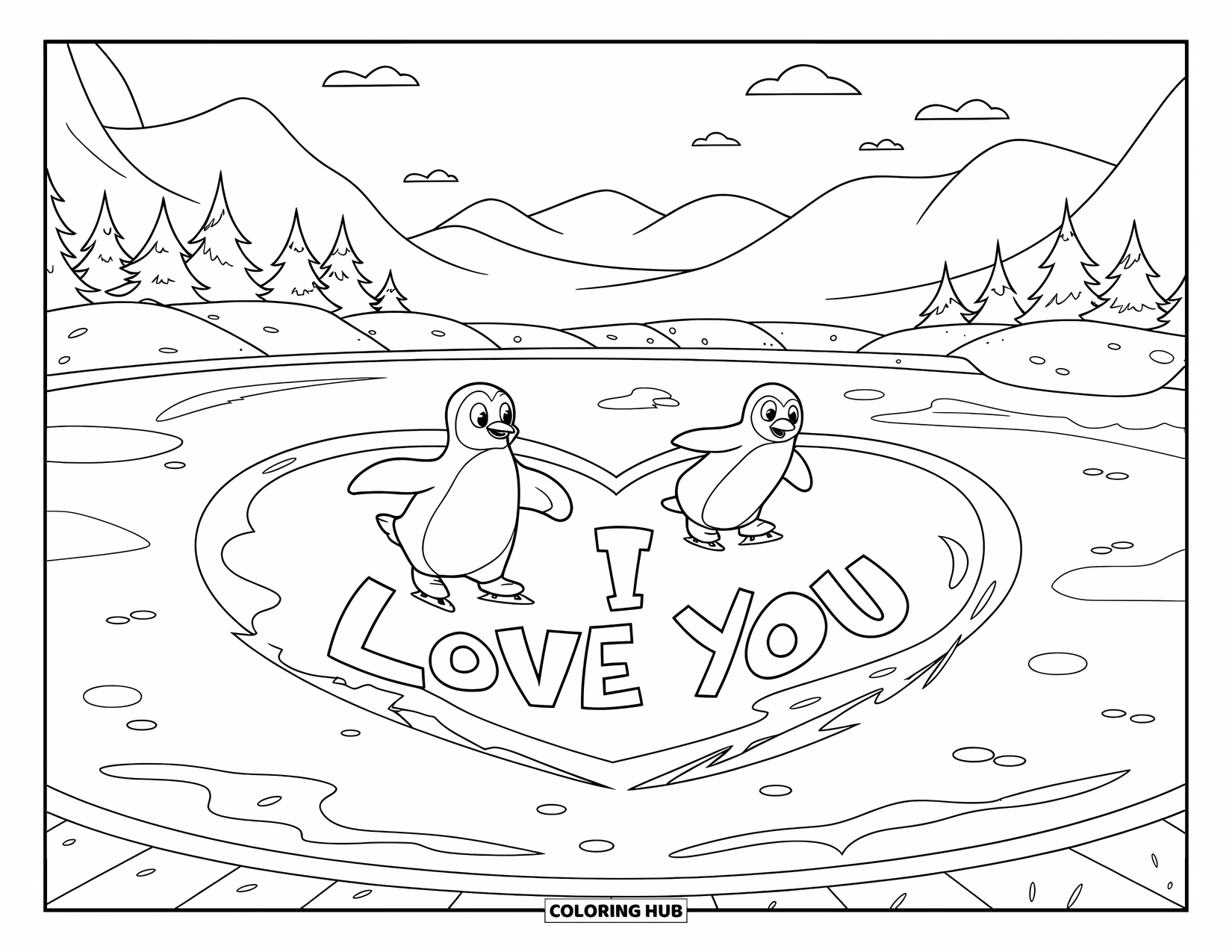 Coloriage Je t'aime pour enfants : Des pingouins patinent sur un étang enneigé avec « Je t'aime » en forme de cœur