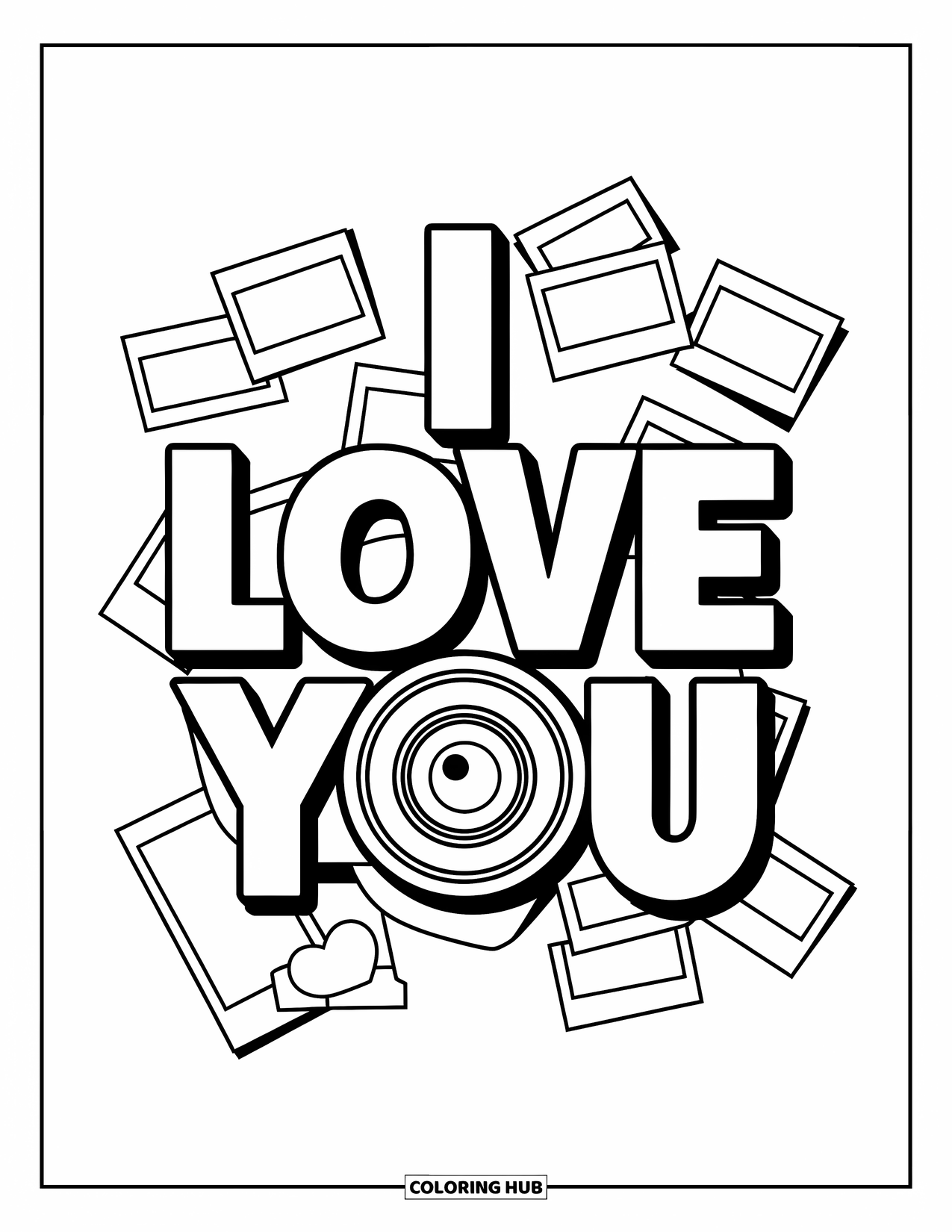 Coloriage Je t'aime pour enfants : Lettrage tendance « Je t'aime » avec un appareil photo vintage et des bandes de photos