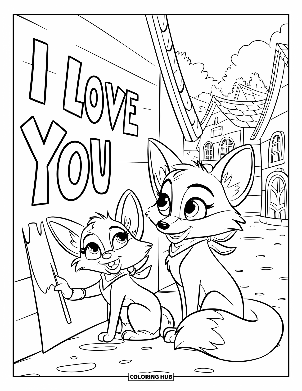 Coloriage Je t'aime pour enfants : Deux renards peignent « Je t'aime » sur un mur dans un village chaleureux