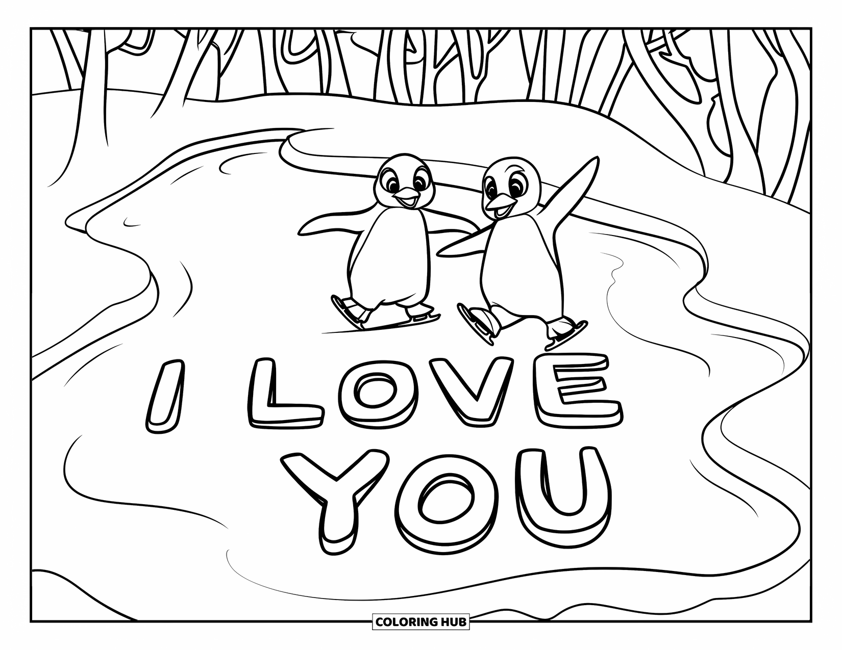 Coloriage Je t'aime pour enfants : Deux pingouins patinent sur un étang gelé qui dit « Je t'aime »