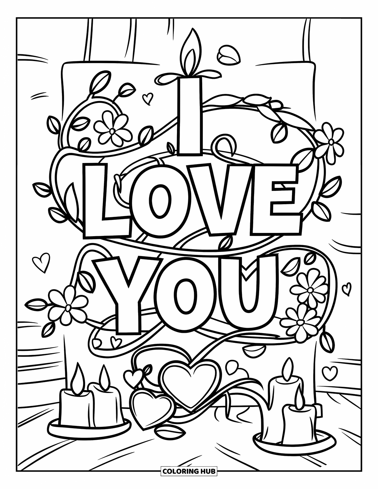 Coloriage Je t'aime pour enfants : Des vignes et des fleurs s'enroulent autour d'un cœur avec une ambiance chaleureuse « Je t'aime »