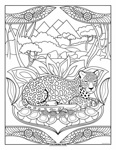 Coloriage de jaguar pour adultes : Un jaguar calme est allongé sur le ventre, entouré de feuilles stylisées, de fleurs et d’une scène de lac