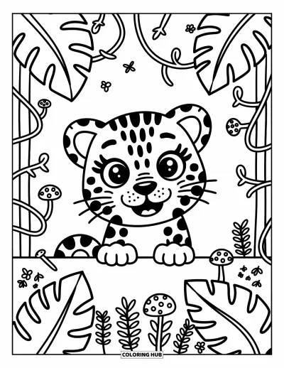 Coloriage de jaguar pour adultes : Un jaguar effronté jette un coup d’œil derrière les vignes de la jungle avec des champignons et des insectes fantaisistes