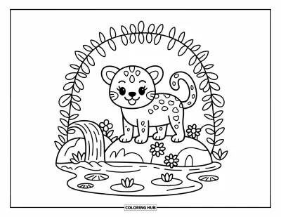 Coloriage de jaguar pour adultes : Un jaguar joyeux sur un rocher près d’une cascade, avec des fleurs et une ambiance chaleureuse dessinée à la main