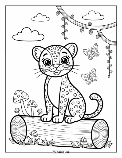 Coloriage de jaguar pour adultes : Un jaguar joyeux est assis sur une bûche sous les vignes et les nuages, avec une ambiance kawaii confortable