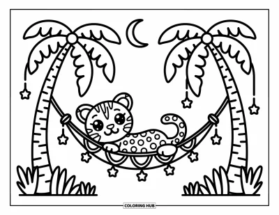 Coloriage de jaguar pour adultes : Un jaguar confortable se balance sur un hamac de vigne sous les étoiles, entouré d’un paysage de jungle calme