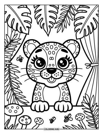 Coloriage de jaguar pour adultes : Un jaguar curieux sourit derrière des vignes, entouré de plantes à feuilles et d’une minuscule vie dans la jungle