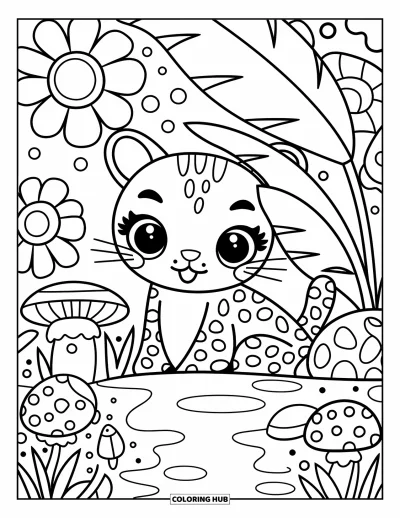 Coloriage de jaguar pour adultes : Un jaguar curieux jette un coup d’œil derrière une feuille de bananier avec des champignons et des fleurs à proximité