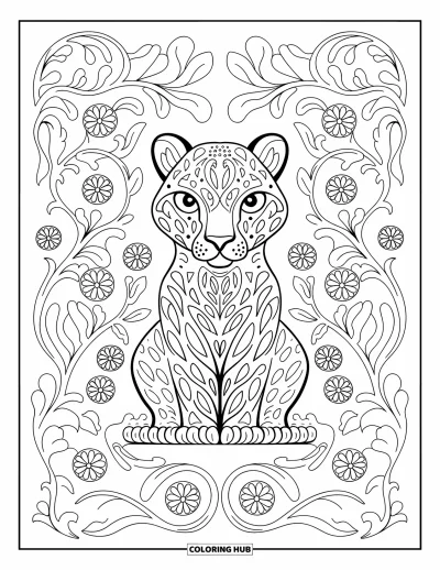 Coloriage de jaguar pour adultes : Un jaguar face à l’avant est assis au milieu de rosettes symétriques et de vignes aux détails complexes