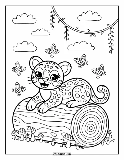 Coloriage de jaguar pour adultes : Un jaguar heureux se prélasse sur une bûche avec des papillons, des champignons et des nuages moelleux au-dessus de sa tête
