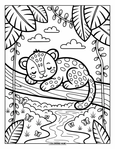 Coloriage de jaguar pour adultes : Un bébé jaguar fait la sieste sur une branche d’arbre avec des vignes, des feuilles et des papillons flottant à proximité