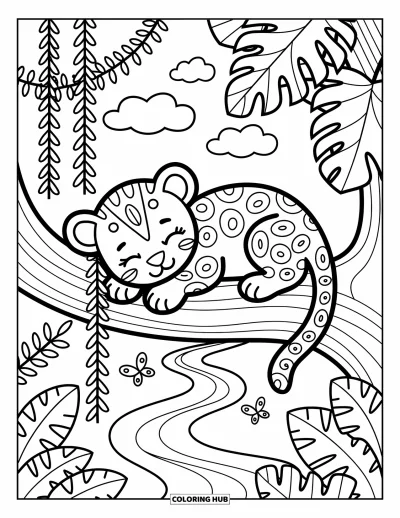 Coloriage de jaguar pour adultes : Un bébé jaguar dort sur une branche sous les nuages et les vignes avec des papillons à proximité