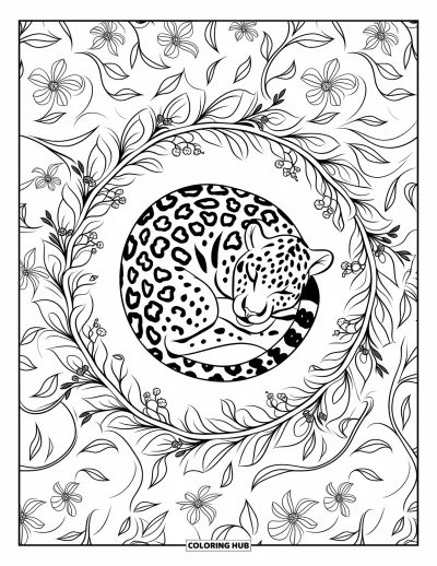 Coloriage de jaguar pour adultes : Un jaguar somnole au centre d’un cadre fait de feuilles et de fleurs entrelacées