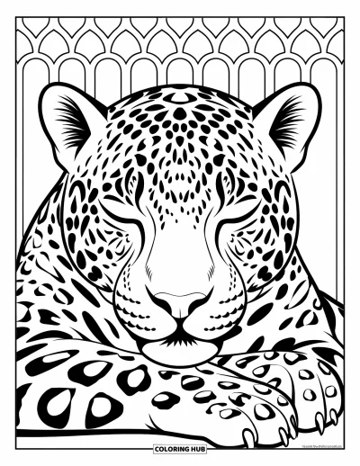 Coloriage de jaguar pour adultes : Un visage de jaguar avec les yeux fermés repose sur des pattes au milieu d’un motif de cercles connectés