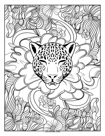 Coloriage de jaguar pour adultes : Une tête de jaguar avec des dents visibles et les yeux fermés repose dans un motif complexe de tourbillons floraux
