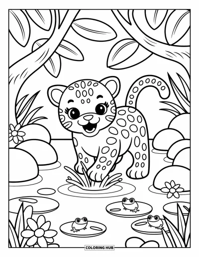 Coloriage de jaguar pour adultes : Un jaguar éclabousse joyeusement de l’eau dans une rivière, entouré de grenouilles, de fleurs et d’arbres feuillus