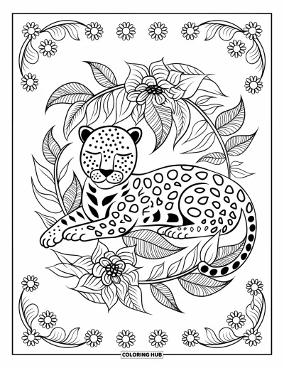 Coloriage de jaguar pour adultes : Un jaguar est allongé parmi des feuilles à motifs et des fleurs disposées dans un cadre circulaire
