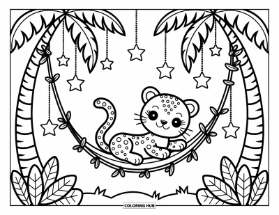 Coloriage de jaguar pour adultes : Un jaguar se prélasse sur un hamac de vigne entre les palmiers, avec des étoiles et un clair de lune doux au-dessus
