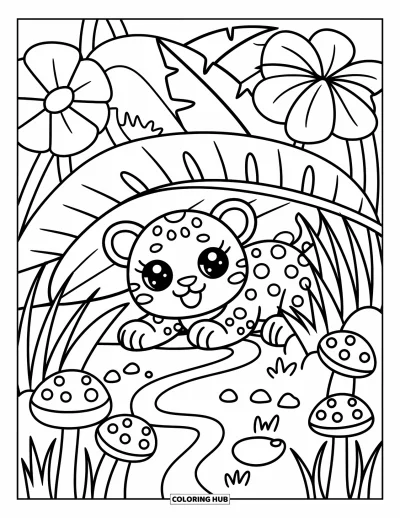 Coloriage de jaguar pour adultes : Un jaguar jette un coup d’œil enjoué derrière une feuille, dans une scène pleine de détails miniatures de la jungle