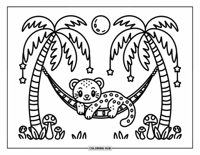 Coloriage de jaguar pour adultes : Un jaguar se détend dans un hamac de vigne sous des étoiles suspendues et un ciel de jungle paisible