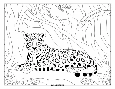 Coloriage de jaguar pour adultes : Un jaguar se repose paisiblement sous une canopée d’arbres avec des troncs complexes et des lignes audacieuses