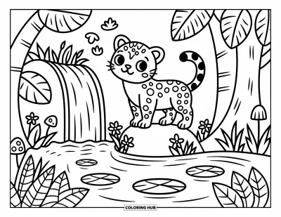 Coloriage de jaguar pour adultes : Un jaguar se tient près d’une cascade encadrée par des arbres de la jungle, avec de minuscules champignons et des lignes douces