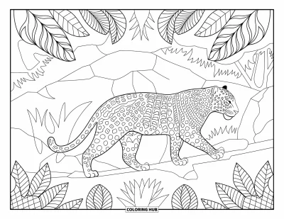 Coloriage de jaguar pour adultes : Un jaguar avance le long d’un sentier rocheux dans la jungle, entouré d’un feuillage luxuriant à motifs