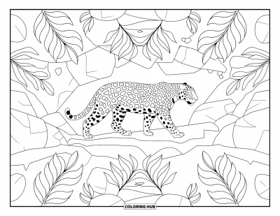 Coloriage de jaguar pour adultes : Un jaguar marche à travers des plantes et des rochers symétriques de la jungle sur un chemin aux contours épurés